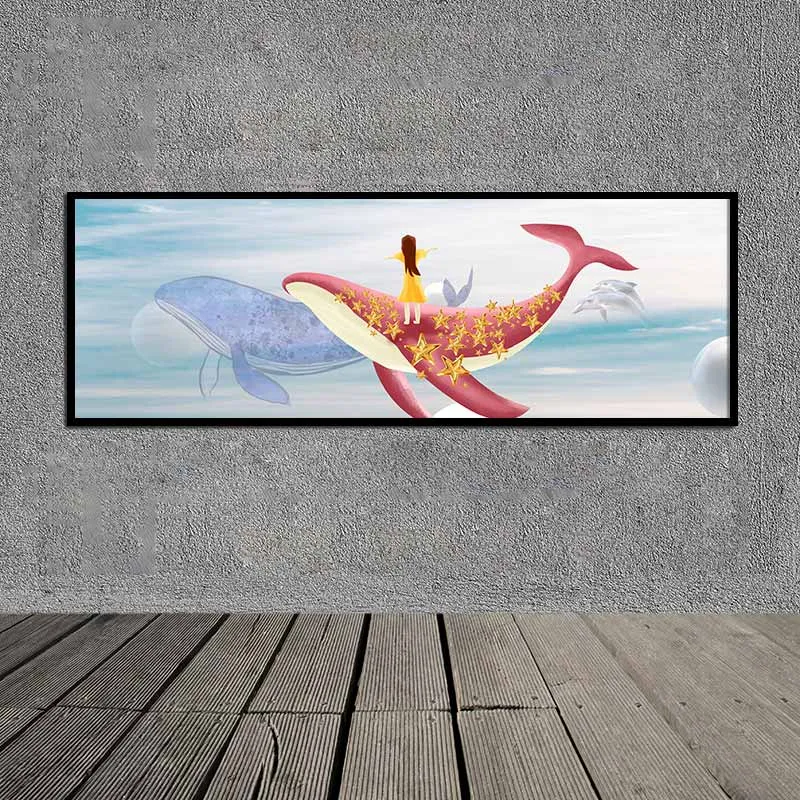 Tranh canvas thần thoại bé gái cưỡi cá voi treo phòng trẻ em
