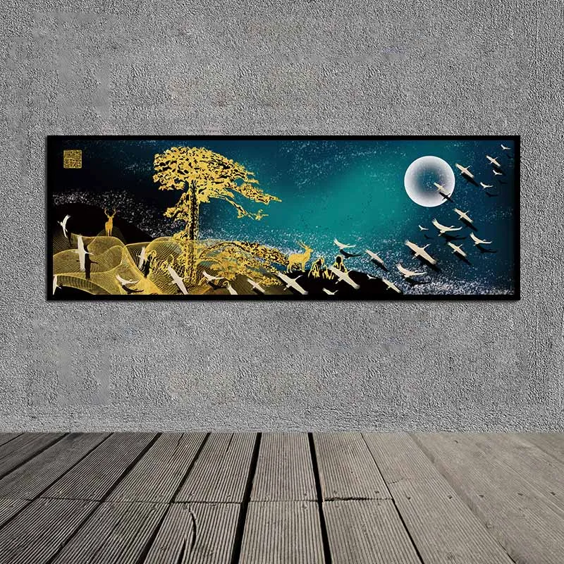 Tranh canvas trừu tượng nai, cây vàng, đàn chim cò dưới trăng