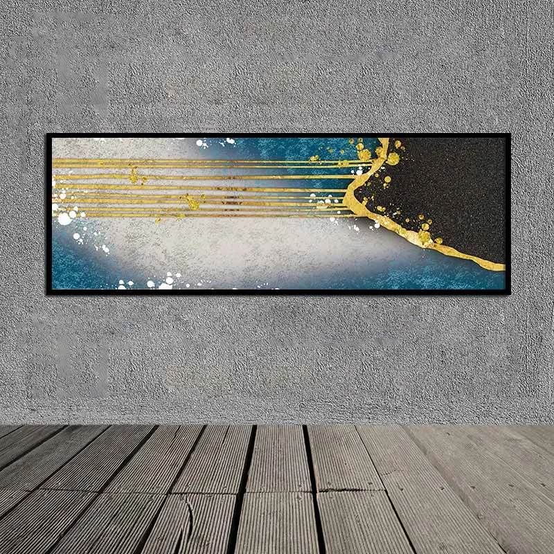 Tranh canvas trừu tượng nhiều đường kẻ ngang màu vàng trên nền xanh