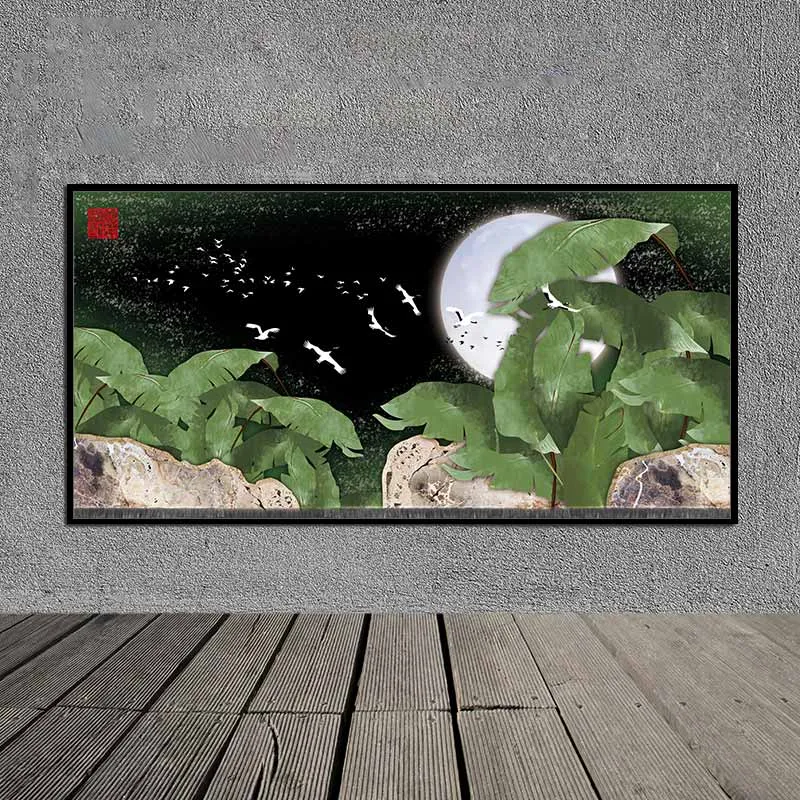 Tranh canvas trừu tượng lá chuối và đàn cò