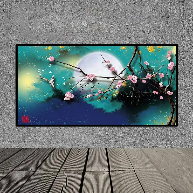 Tranh canvas phong cảnh hoa đào và chim dưới trăng