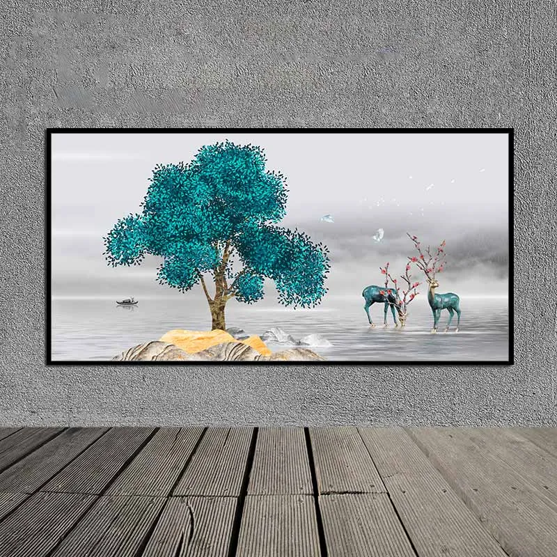 Tranh canvas phong cảnh hồ nước, con thuyền, cây xanh và đàn nail trừu tượng