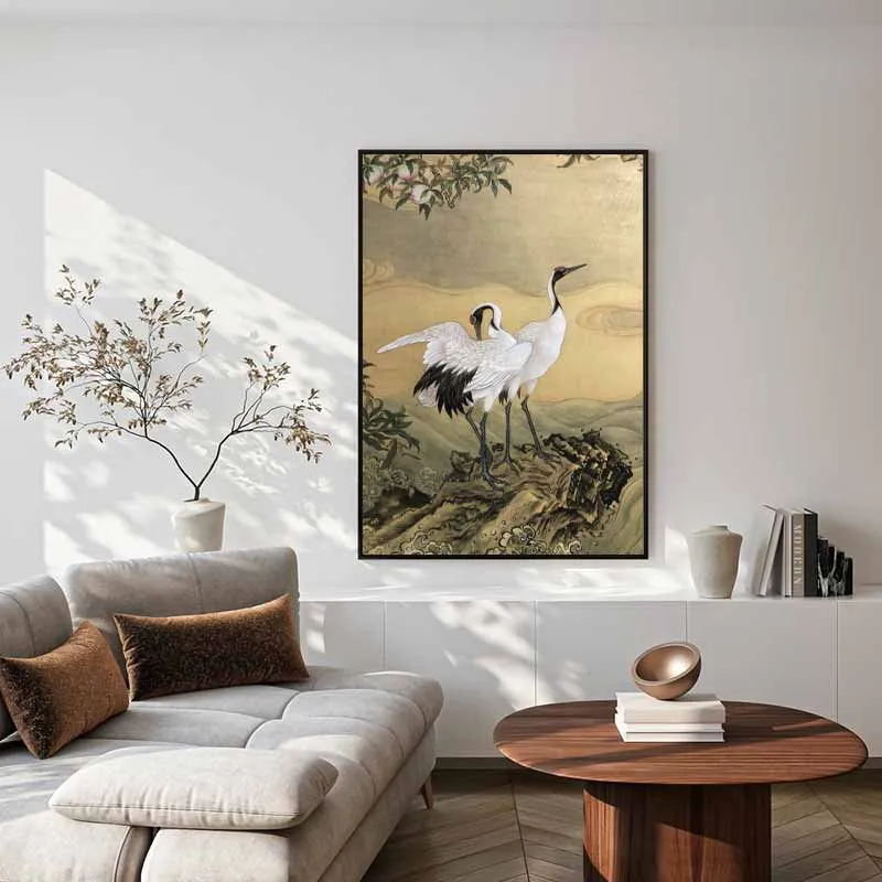 Tranh đôi hạc trên núi phong cách Á Đông