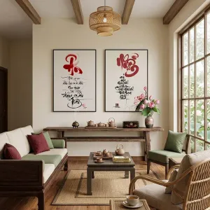 Bộ 2 Tranh Canvas Thư Pháp Nghệ Thuật: "Chữ Ân" và "Chữ Nhẫn"