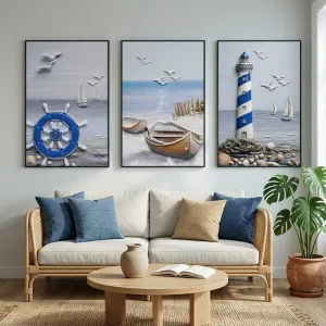 Bộ 3 Tranh Canvas Cảnh Biển Họa Tiết Thuyền Buồm Và Ngọn Hải Đăng Giả Nổi 3D