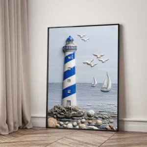 Bộ 3 Tranh Canvas Cảnh Biển Họa Tiết Thuyền Buồm Và Ngọn Hải Đăng Giả Nổi 3D