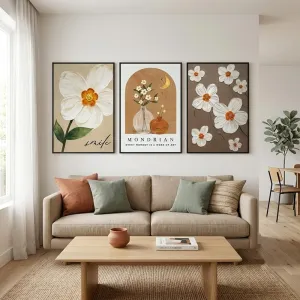 Bộ 3 Tranh Canvas Hoa Trắng Tối Giản và Nghệ Thuật Mondrian Cho Phòng Khách Hiện Đại