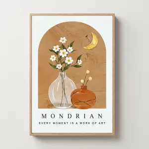 Bộ 3 Tranh Canvas Hoa Trắng Tối Giản và Nghệ Thuật Mondrian Cho Phòng Khách Hiện Đại