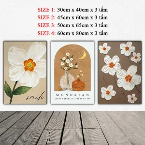 Bộ 3 Tranh Canvas Hoa Trắng Tối Giản và Nghệ Thuật Mondrian Cho Phòng Khách Hiện Đại