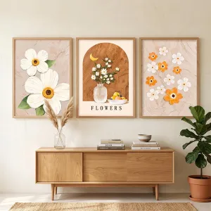 Bộ 3 Tranh Canvas Hoa Trắng Và Bình Hoa Tĩnh Vật Phong Cách Boho Nghệ Thuật
