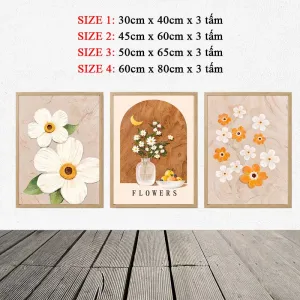 Bộ 3 Tranh Canvas Hoa Trắng Và Bình Hoa Tĩnh Vật Phong Cách Boho Nghệ Thuật