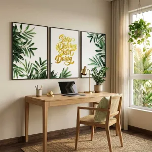 Bộ 3 Tranh Canvas Lá Cây Nhiệt Đới Chữ Tạo Động Lực "Stop Wishing Start Doing"