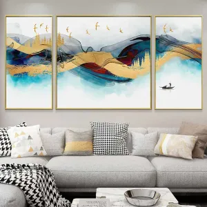 Bộ 3 Tranh Canvas Trừu Tượng Sóng Biếc Vân Vàng