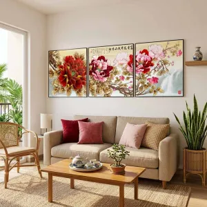 Bộ Tranh Canvas 3 Tấm Hoa Mẫu Đơn Đỏ Thác Nước Phong Thủy Phú Quý