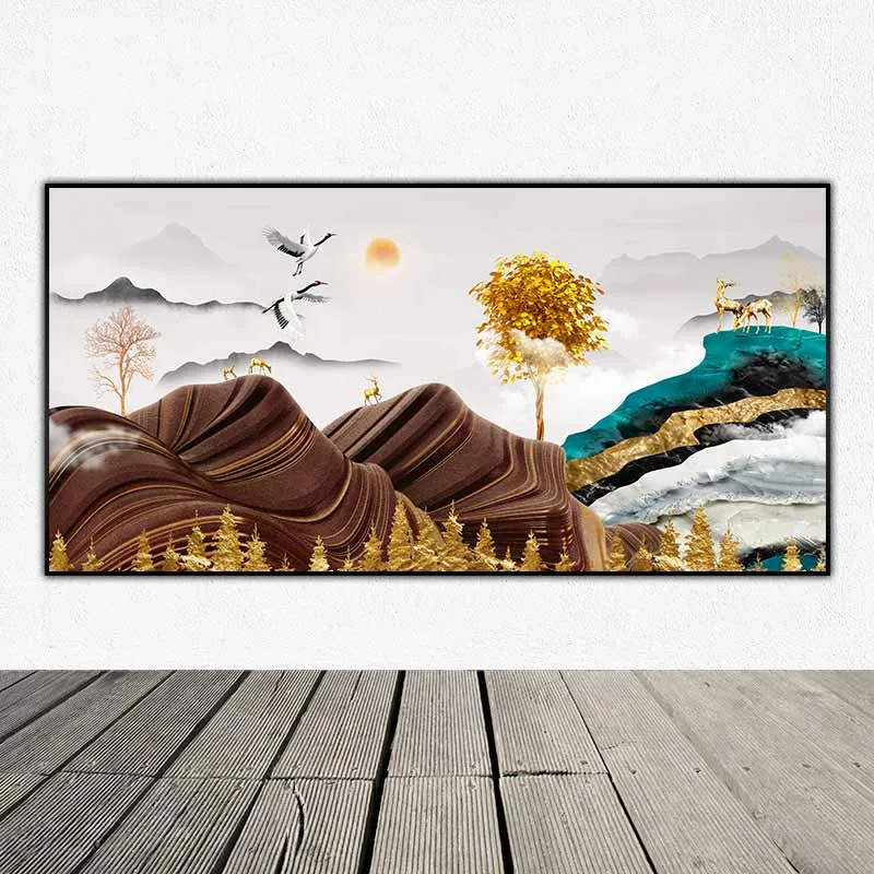Tranh đàn nai đứng dưới tán cây lá vàng trên đỉnh đồi núi trừu tượng và đôi chim hạc