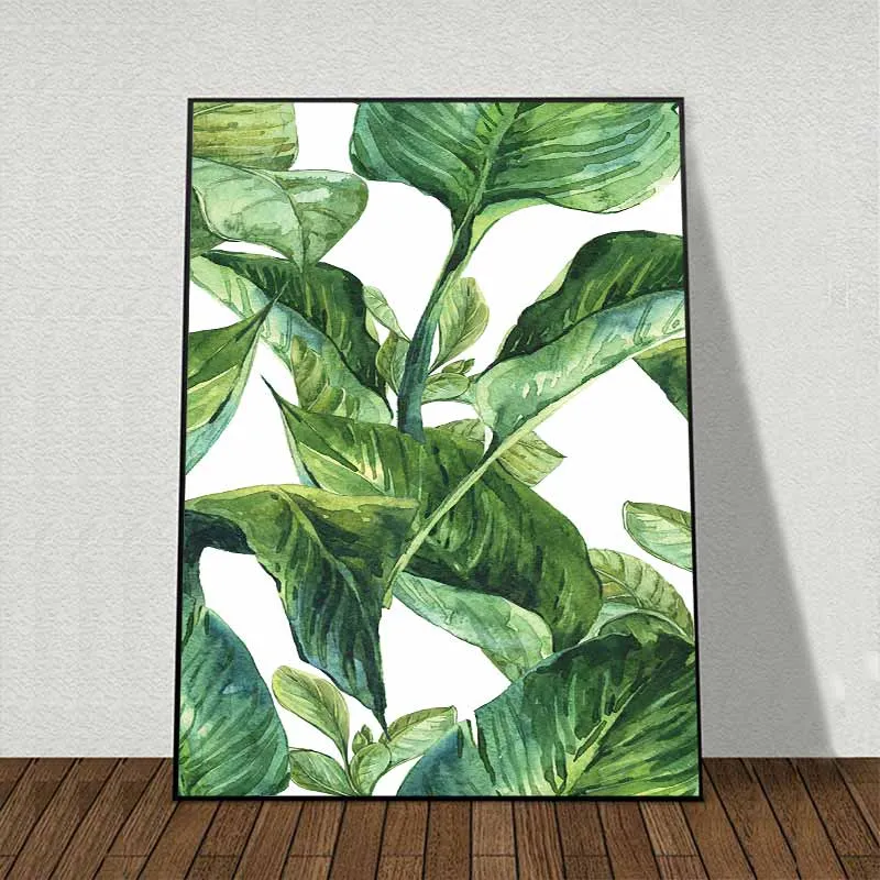 Tranh lá cây nhiệt đới, lá chuối, lá cọ, quả dứa, lá trầu bà