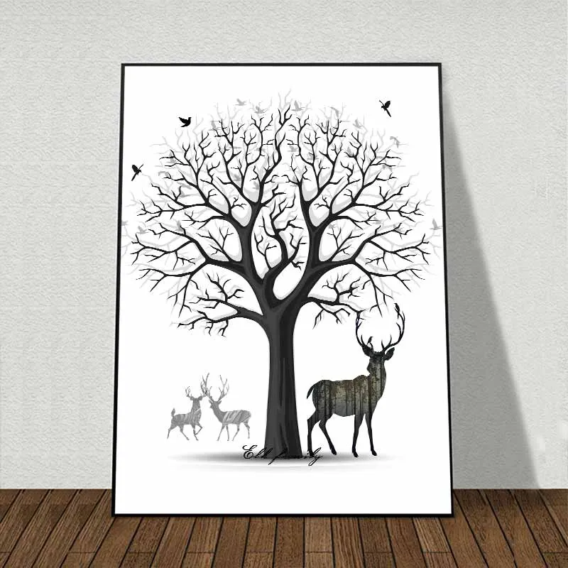 Tranh Nai và Hươu cao cổ trừu tượng đứng dưới cây khô