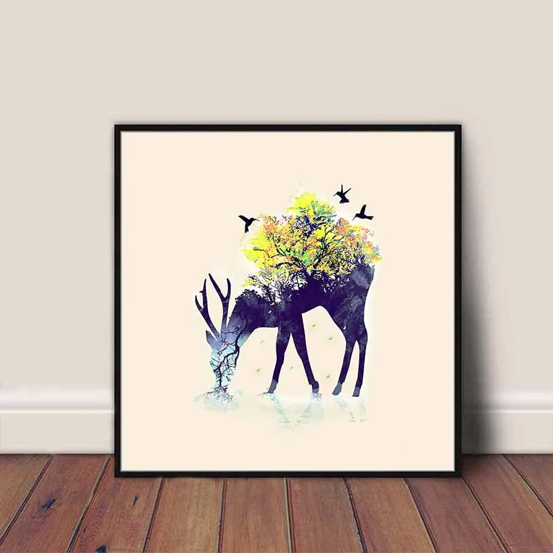 Tranh đầu nai trừu tượng, chim và lông chim nhiều màu sắc