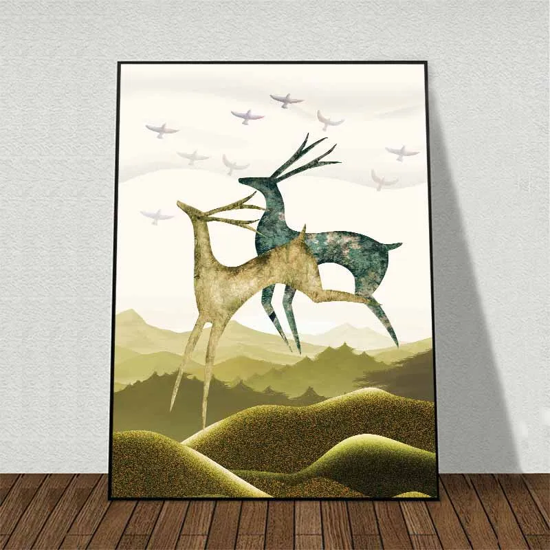 Tranh đàn nai cách điệu chạy nhảy trên đồi núi vàng trừu tượng
