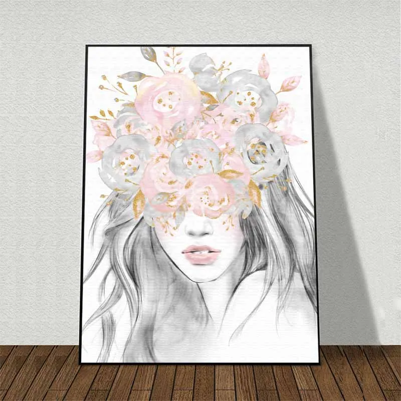 Tranh cô gái và những bông hoa che ngang mặt