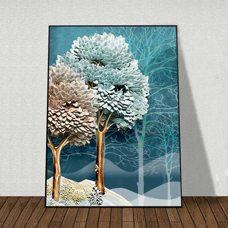 Tranh 2 mẹ con nai bên hàng cây trừu tượng