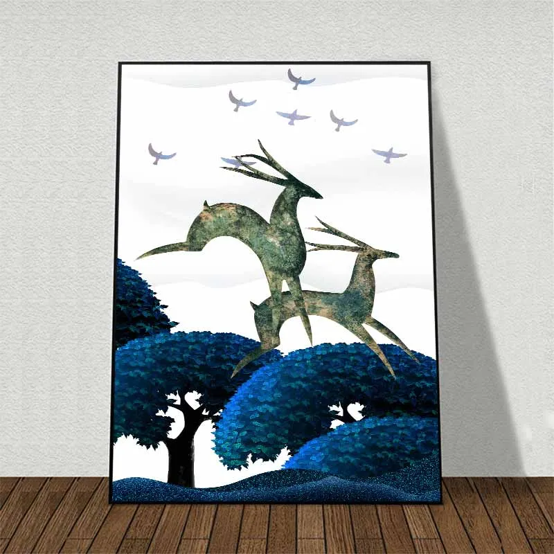 Tranh đàn nai cách điệu và chạy nhảy trền đồi núi trừu tượng