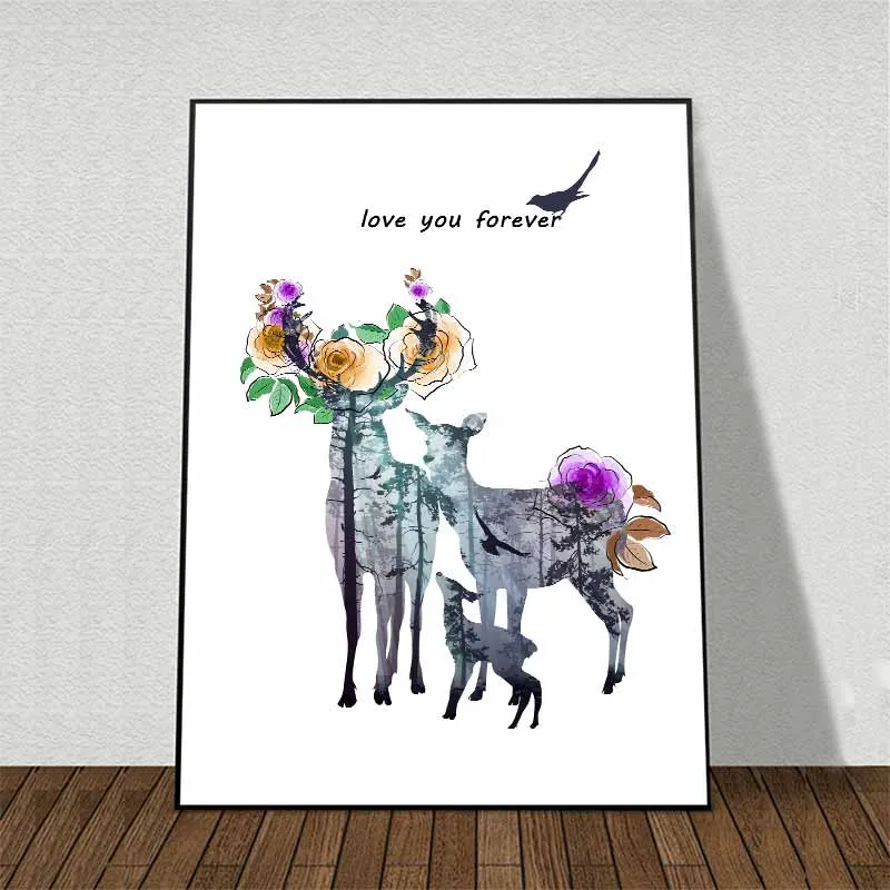 Tranh gia đình nai trừu tượng và hoa hồng trên sừng