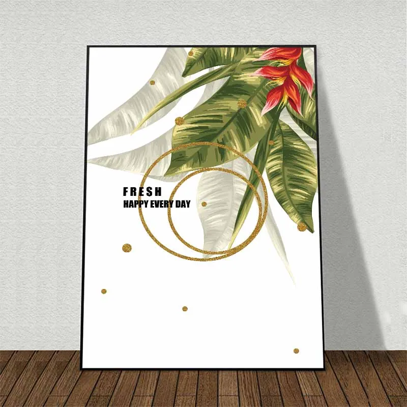 Tranh lá cây nhiệt đới kết hợp chữ Fresh Happy Everyday cùng với khung viền hình học