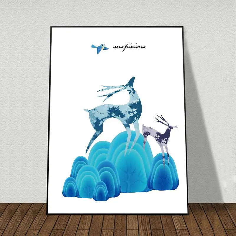 Tranh Nai cách điệu chạy nhảy trên những tảng đá màu xanh trừu tượng