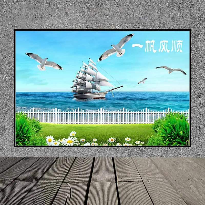 Tranh phong cảnh khu vườn nhìn ra biển với thuyền buồm và đàn chim Hải Âu