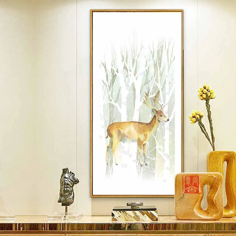 Tranh Hươu Nai trừu tượng trong rừng cây mùa đông