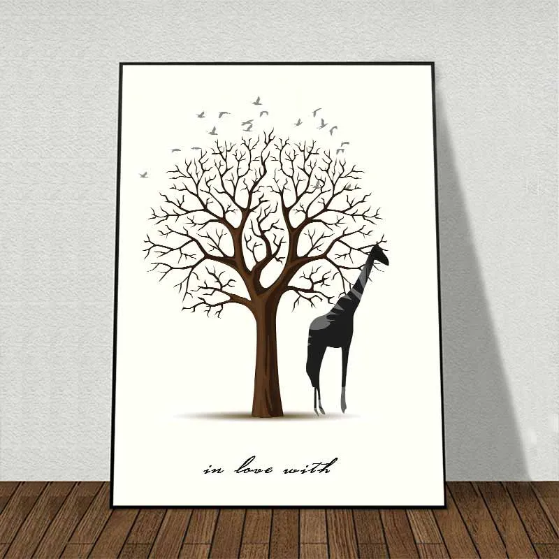 Tranh hươu cao cổ và gia đình nai dưới cây khô trừu tượng