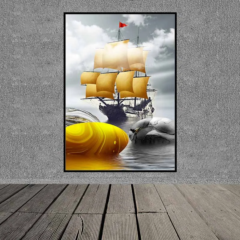 Tranh thuyền cánh buồm vàng và đàn nai vàng trừu tượng