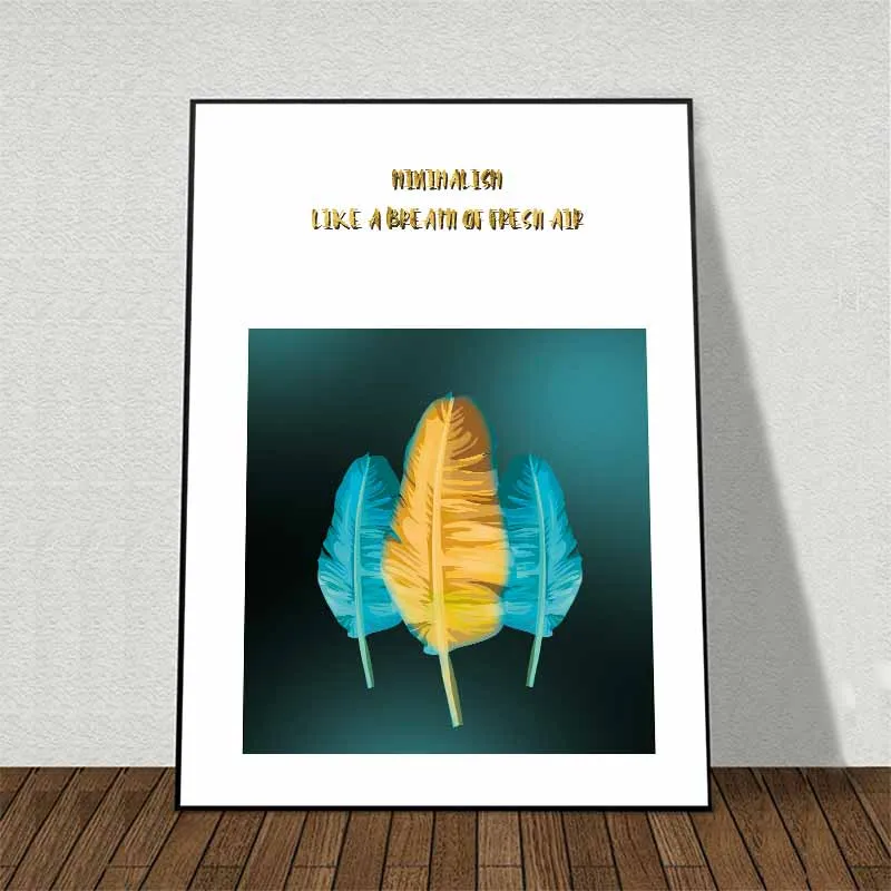 Tranh canvas lá cây nhiệt đới và lông chim trừu tượng