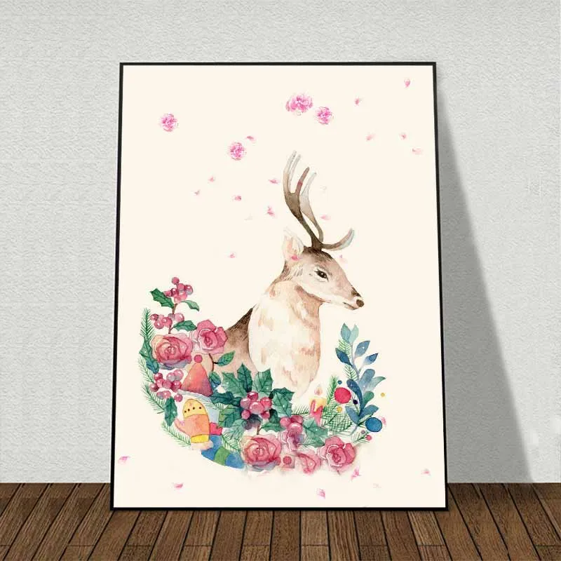 Tranh Nai trừu tượng và vòng hoa hồng quanh cổ