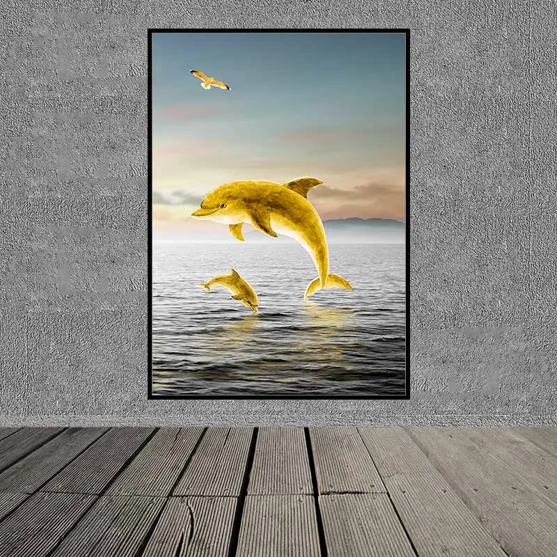 Tranh phong thủy đàn cá heo và thuyền buồm vàng