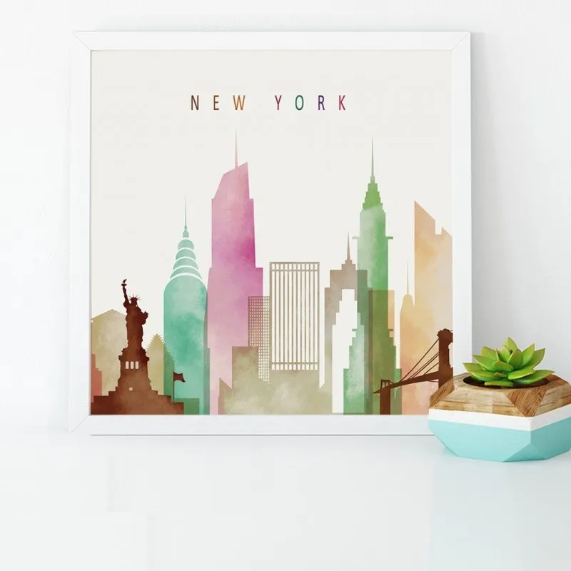 Tranh khổ vuông phong cảnh thành phố Big Ben, London Bridge, New York, Eiffel