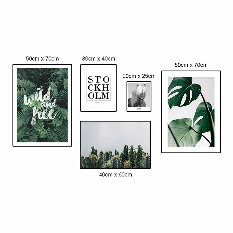 Tranh Canvas Scandinavian lá cây nhiệt đới và ngựa kết hợp chữ