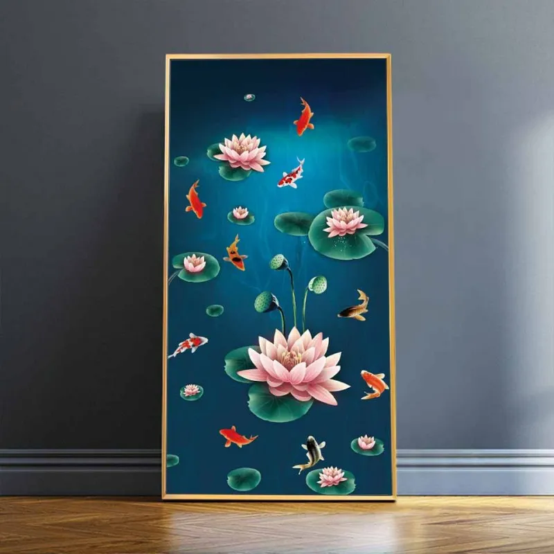 Tranh canvas 6 tấm phong thủy cửu ngư 9 con cá chép và hoa sen