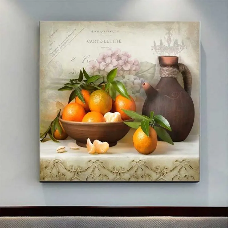 Tranh tĩnh vật quả lê, quả cam và bình đất nung