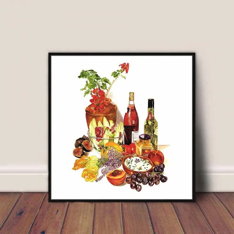 Tranh canvas chai rượu vang, hoa quả, trái cây, bắp cải, hành tỏi