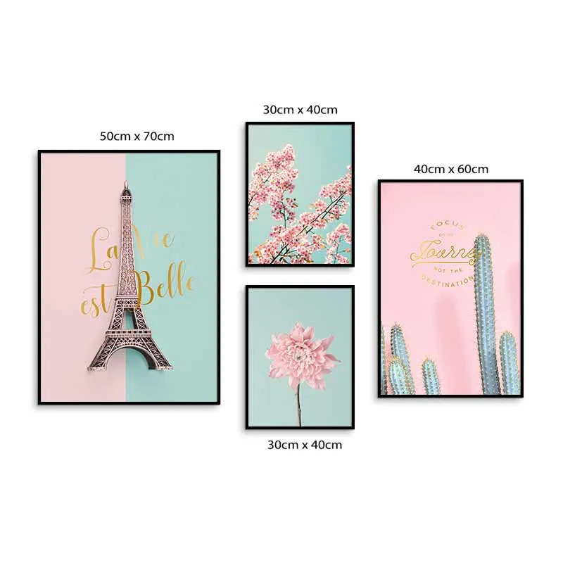 Tranh tháp Eiffel, cúc bất tử, hoa anh đào, hoa ly và xương rồng