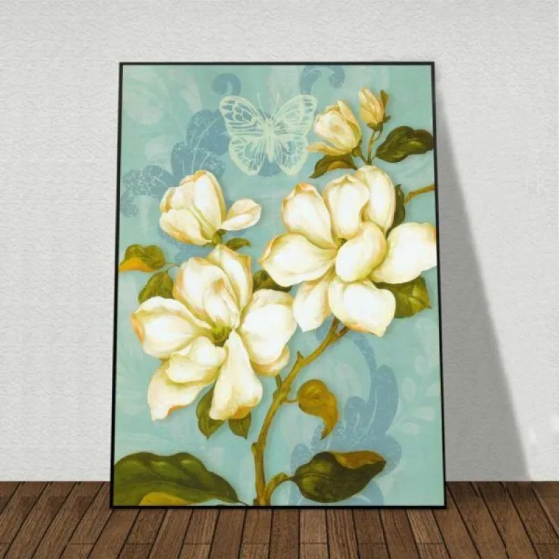 Tranh hoa Trà trắng và hoa lan Hồ Điệp trắng