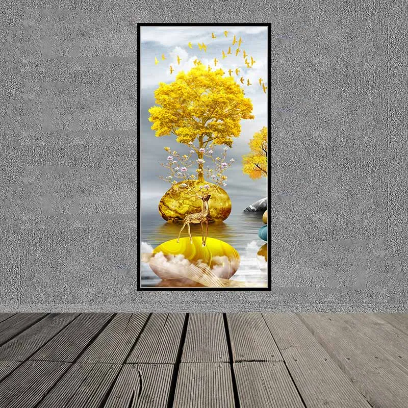 Tranh thuận buồm xuôi gió, đàn nai tài lộc trên những tảng đá phong thủy