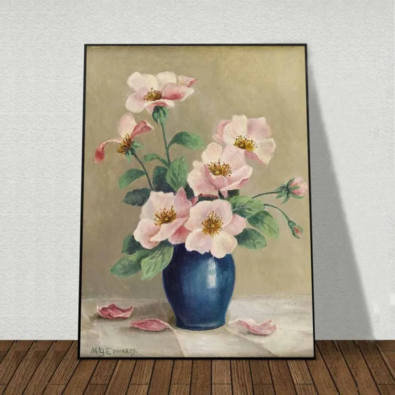 Tranh bộ tĩnh vật 3 bình hoa Anemone hồng, hoa Campanula tím và hoa Peony