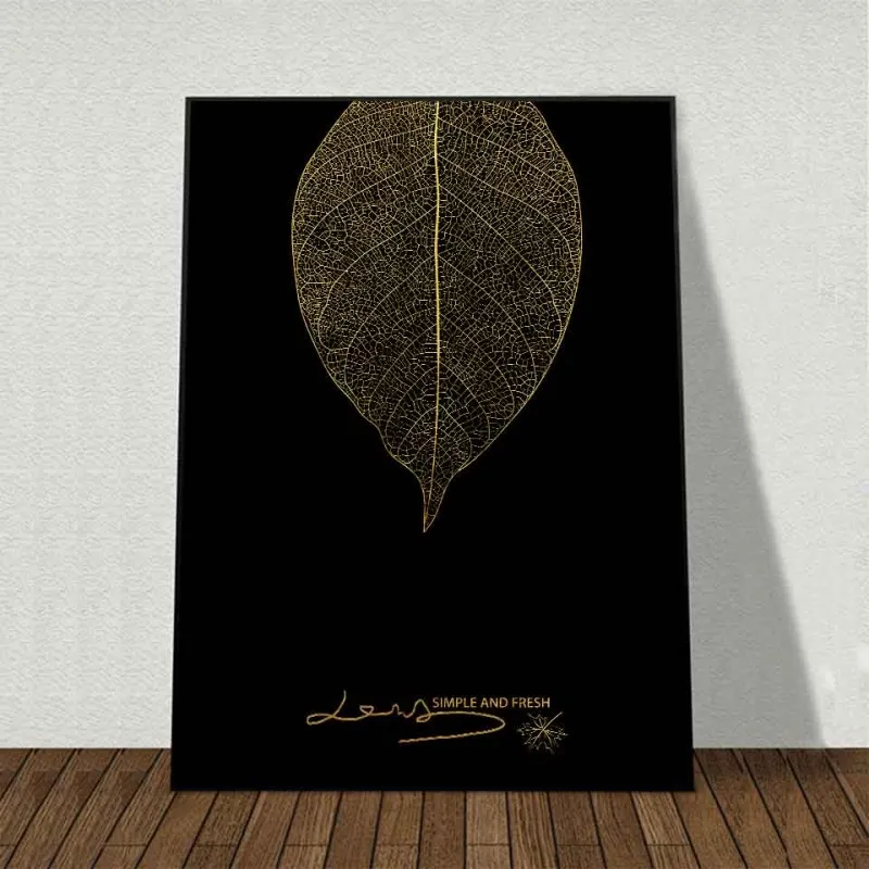 Tranh canvas lá cây trừu tượng vàng nền đen