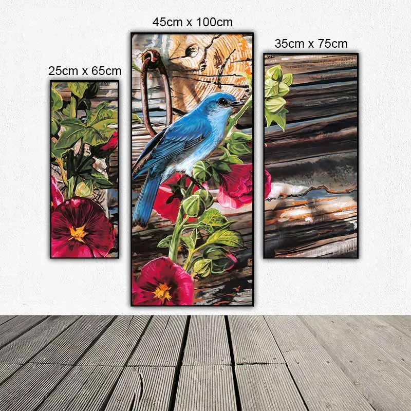 Tranh bộ 3 tấm ghép chim và hoa