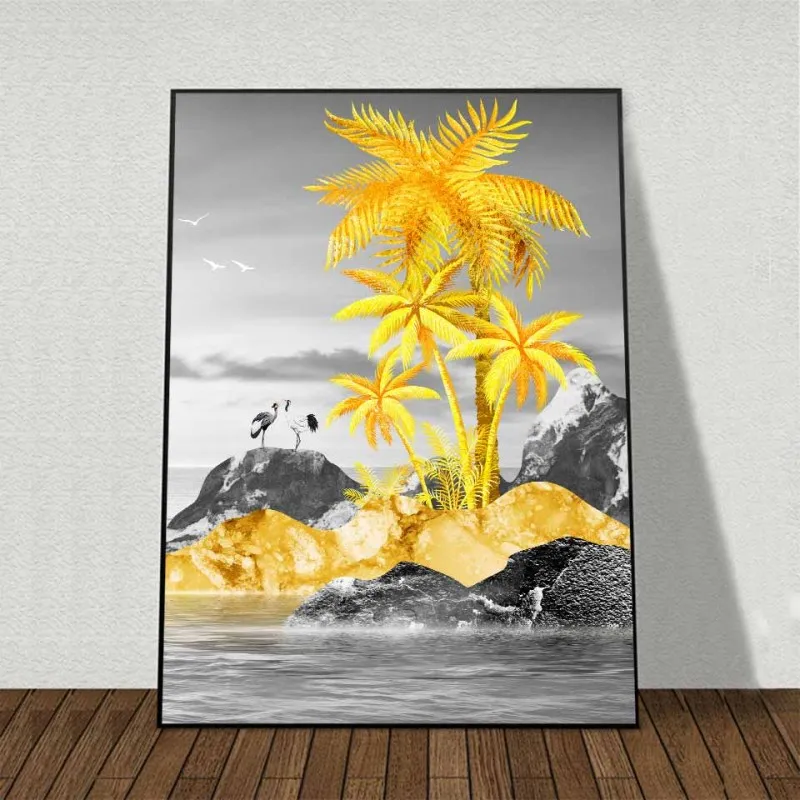 Tranh canvas thuyền buồm vàng, cây dừa vàng trừu tượng và sếu đầu đỏ Nhật Bản