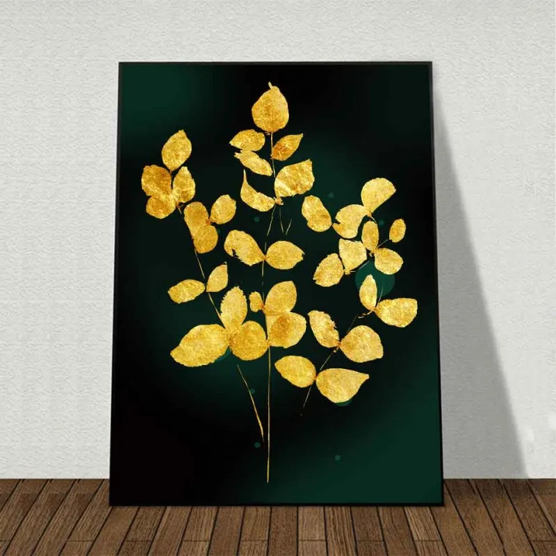 Tranh canvas lá cây nhiệt đới vàng gold