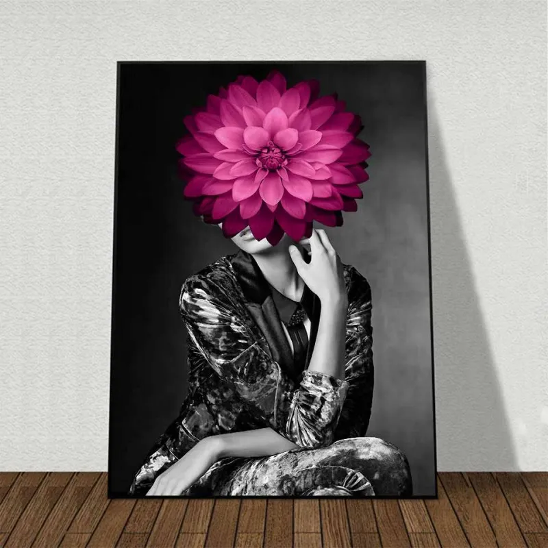 Tranh canvas chân dung cô gái và bông hoa hồng che mặt